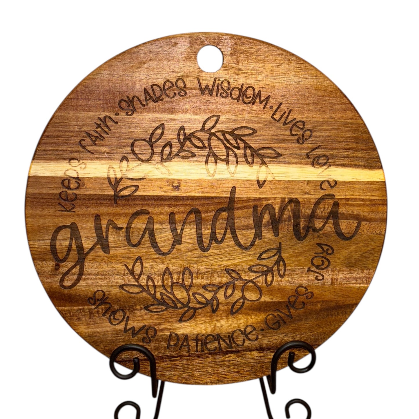 “Grandma” Engraved Wooden Cutting Board – 12” Round Acacia | Faith, Love & Joy Gift Sign