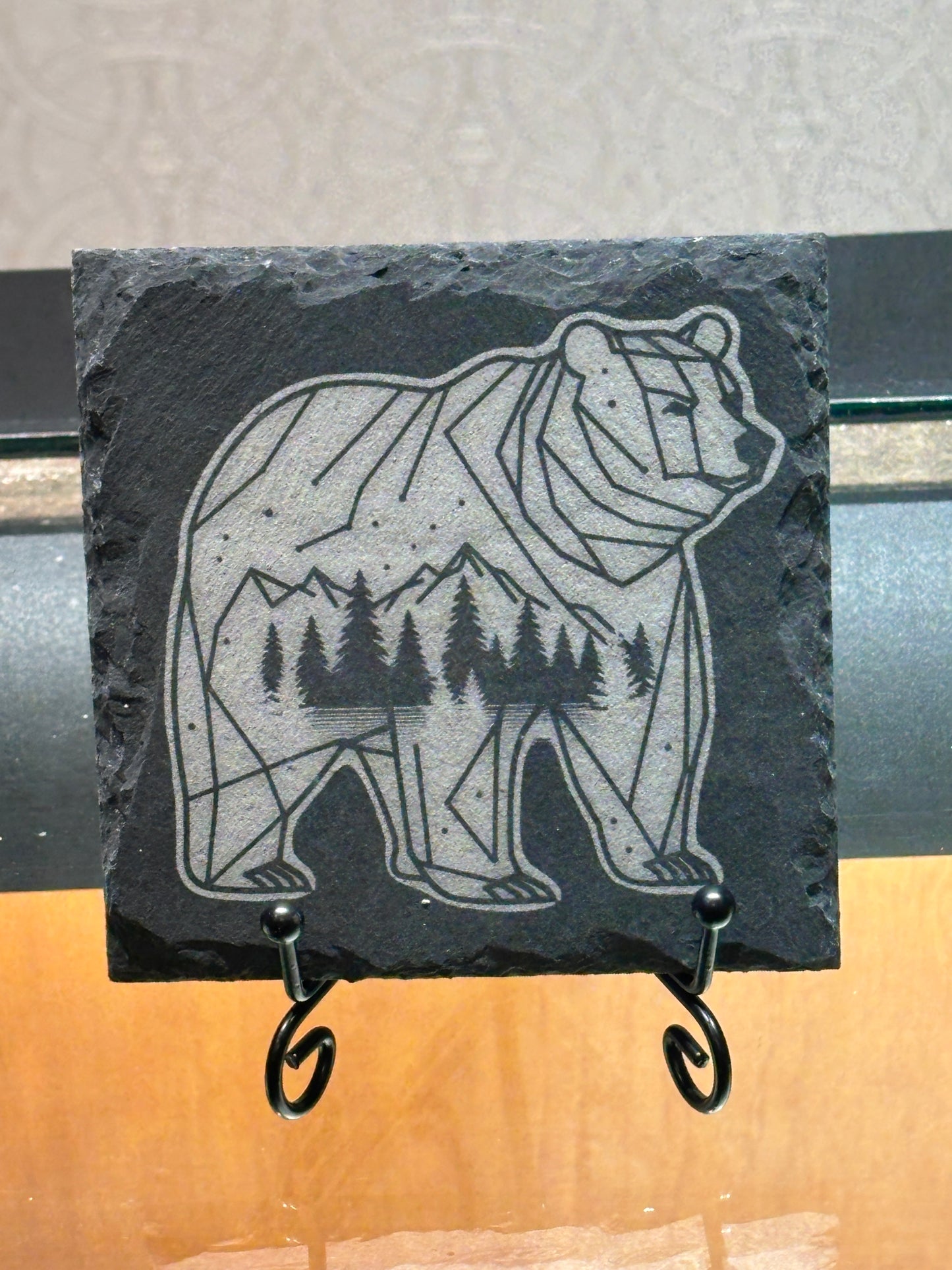 Mini Engraved 4” Slate – Geometric Bear with Forest Landscape