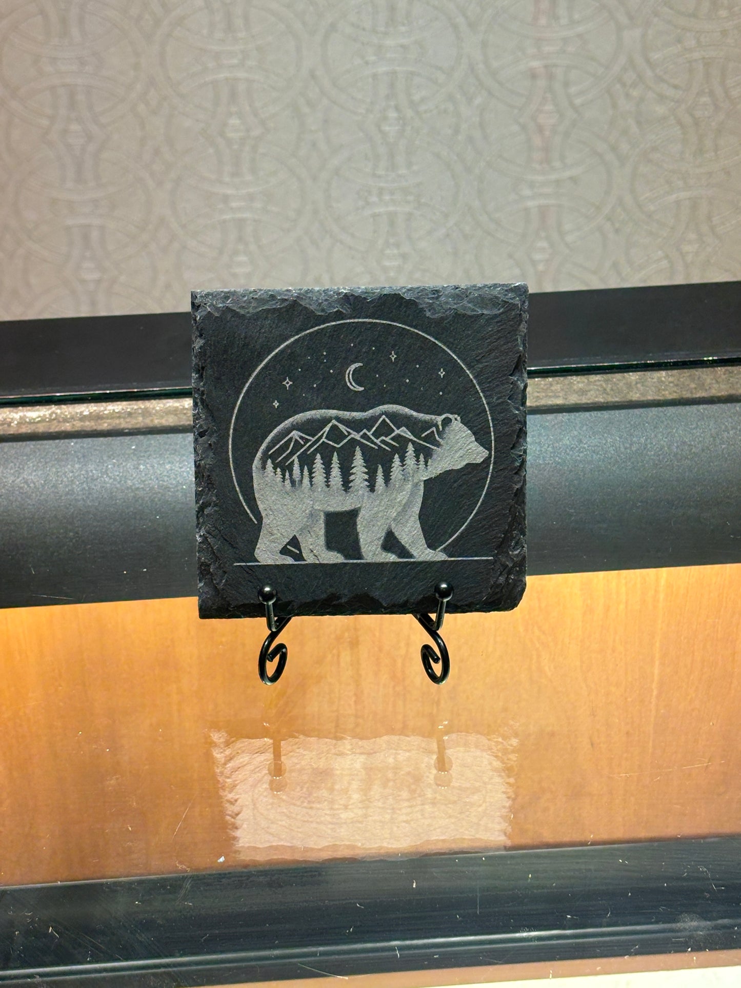 Mini Engraved 4” Slate – Bear in the Pines | Rustic Wildlife Decor Tile