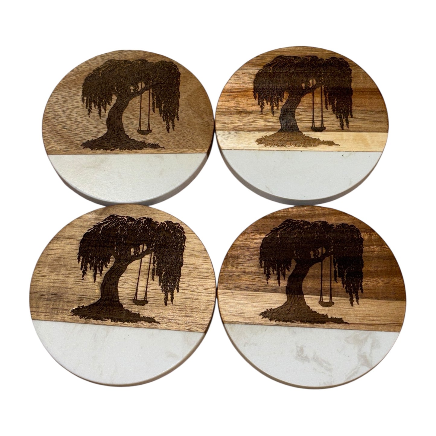 Engraved Willow Tree Coaster Set – Marble & Acacia Wood (Set of 4)
