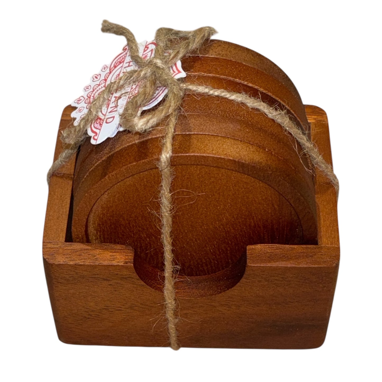 Round Wood Coasters – Set of 6 with Holder (Engraving Optional)