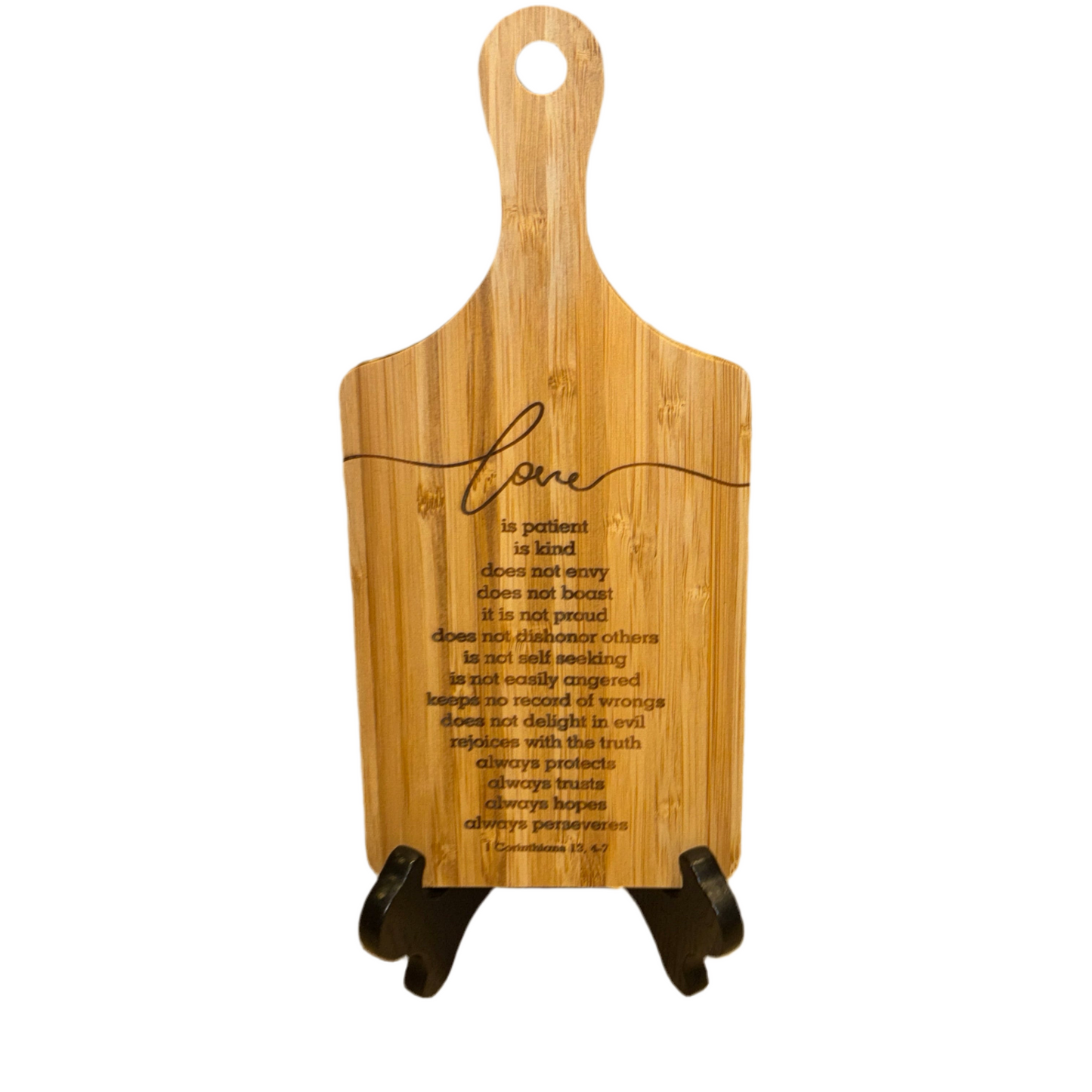Engraved Bamboo Scripture Board – 1 Corinthians 13:4–7 | “Love Is Patient” Mini Cutting Board