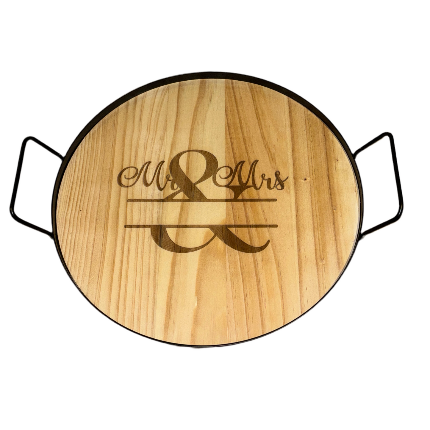 Engraved Mr & Mrs Round Tray – Personalized Wood & Metal Wedding Gift | 11.75”