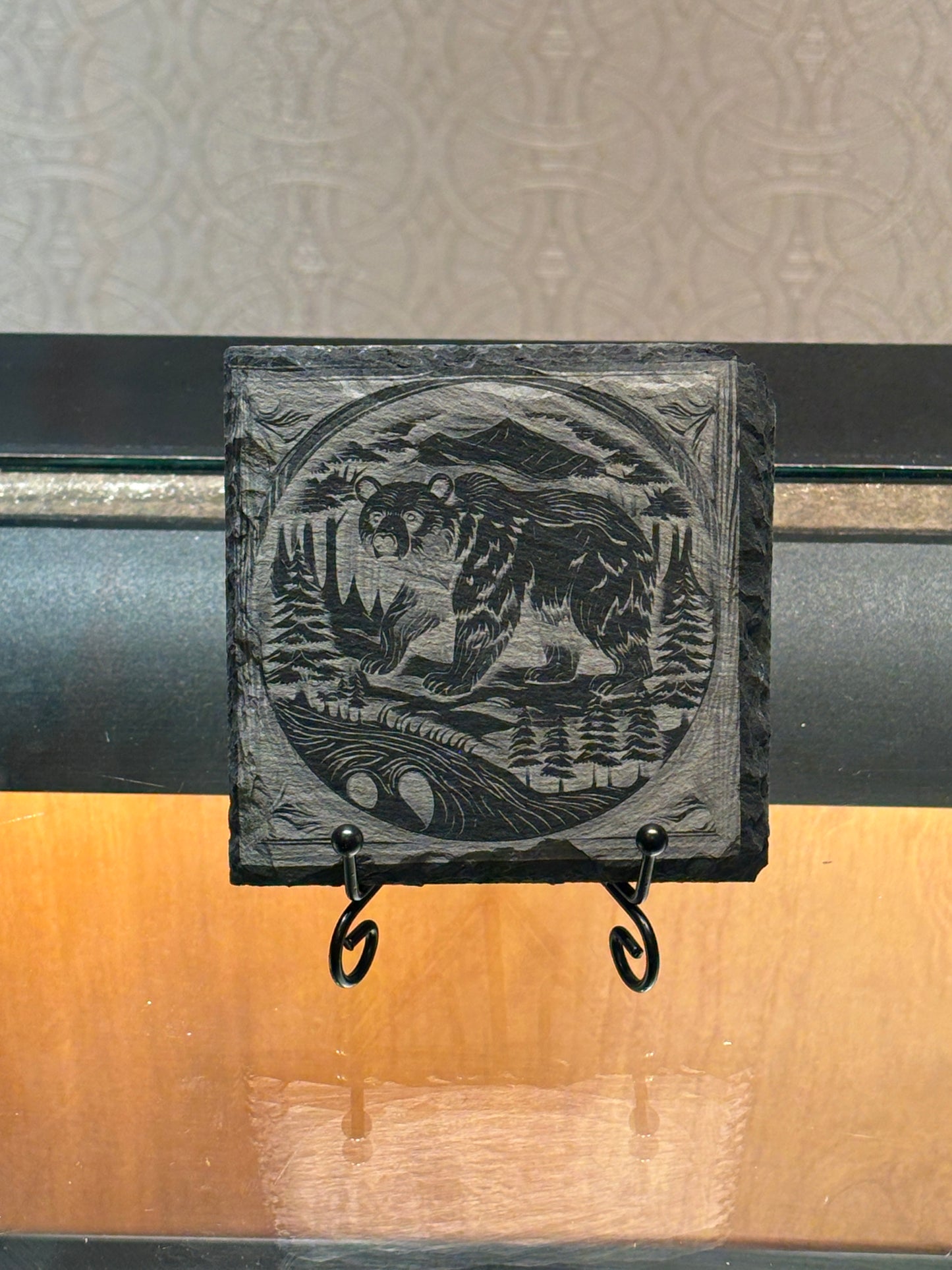 Mini Engraved 4” Slate – Woodcut Wilderness Bear Scene