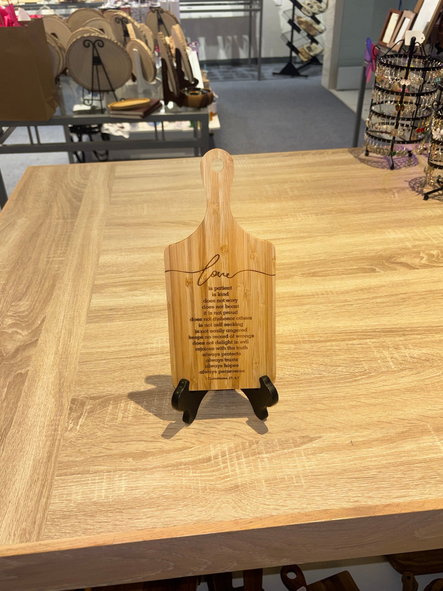 Engraved Bamboo Scripture Board – 1 Corinthians 13:4–7 | “Love Is Patient” Mini Cutting Board