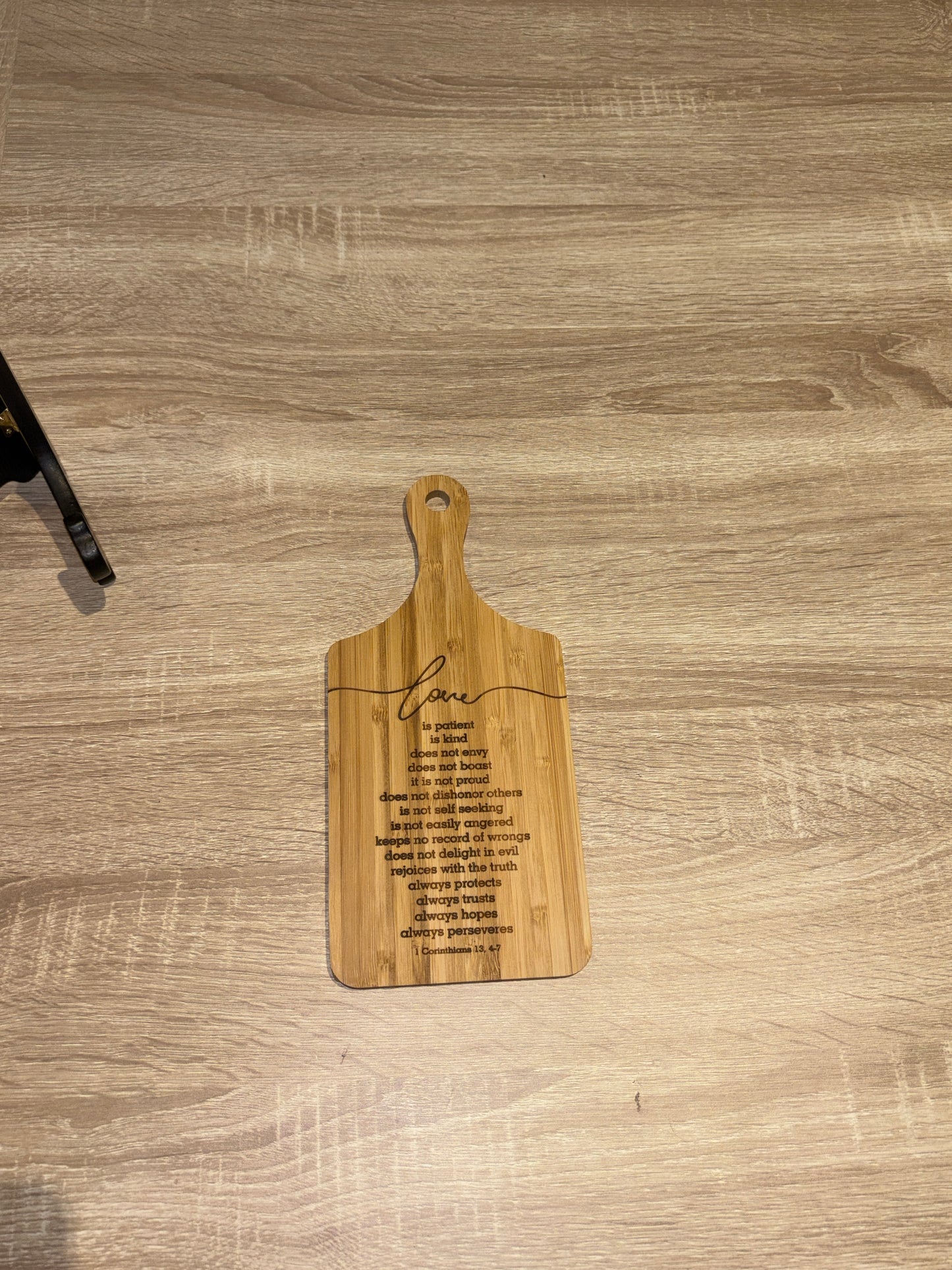 Engraved Bamboo Scripture Board – 1 Corinthians 13:4–7 | “Love Is Patient” Mini Cutting Board