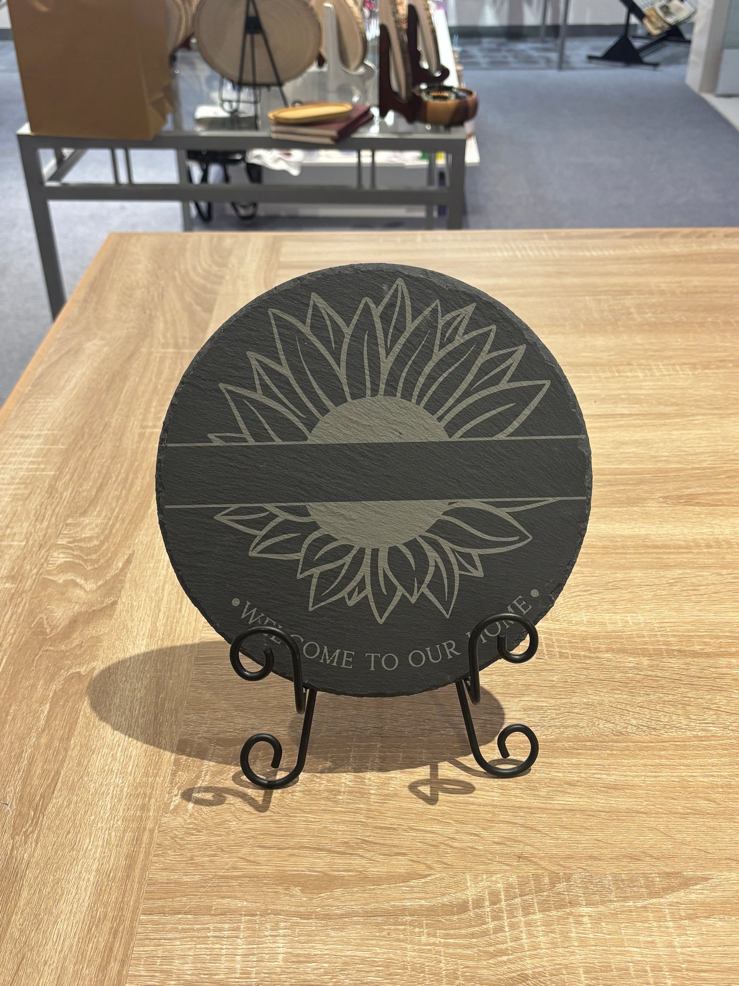 Engraved Round Slate Sign – “Welcome to Our Home” | Sunflower Design | 9.5” Rustic Decor