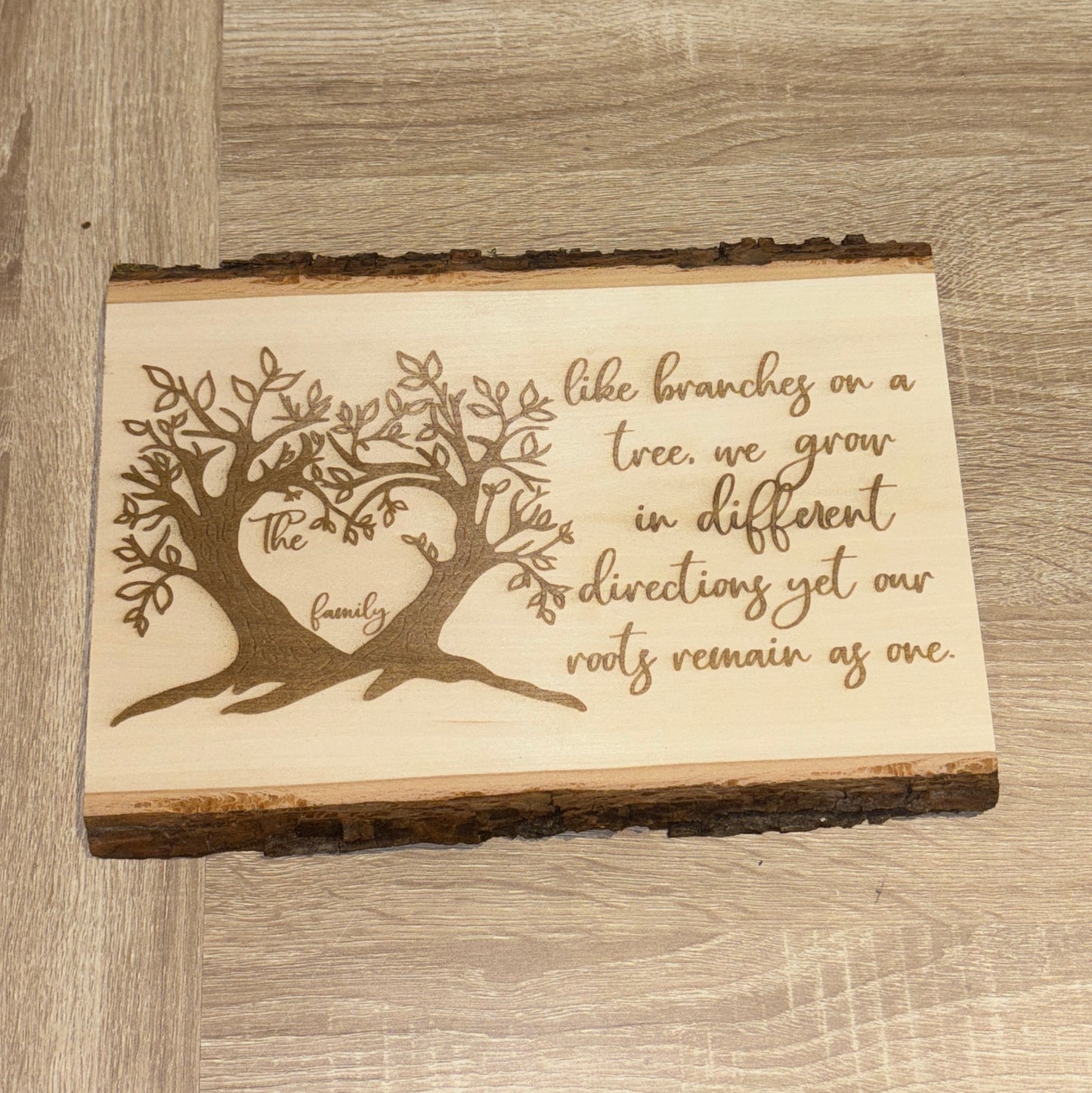 Engraved Wood Plaque – “Like Branches on a Tree” | Personalized Live Edge Family Tree Sign