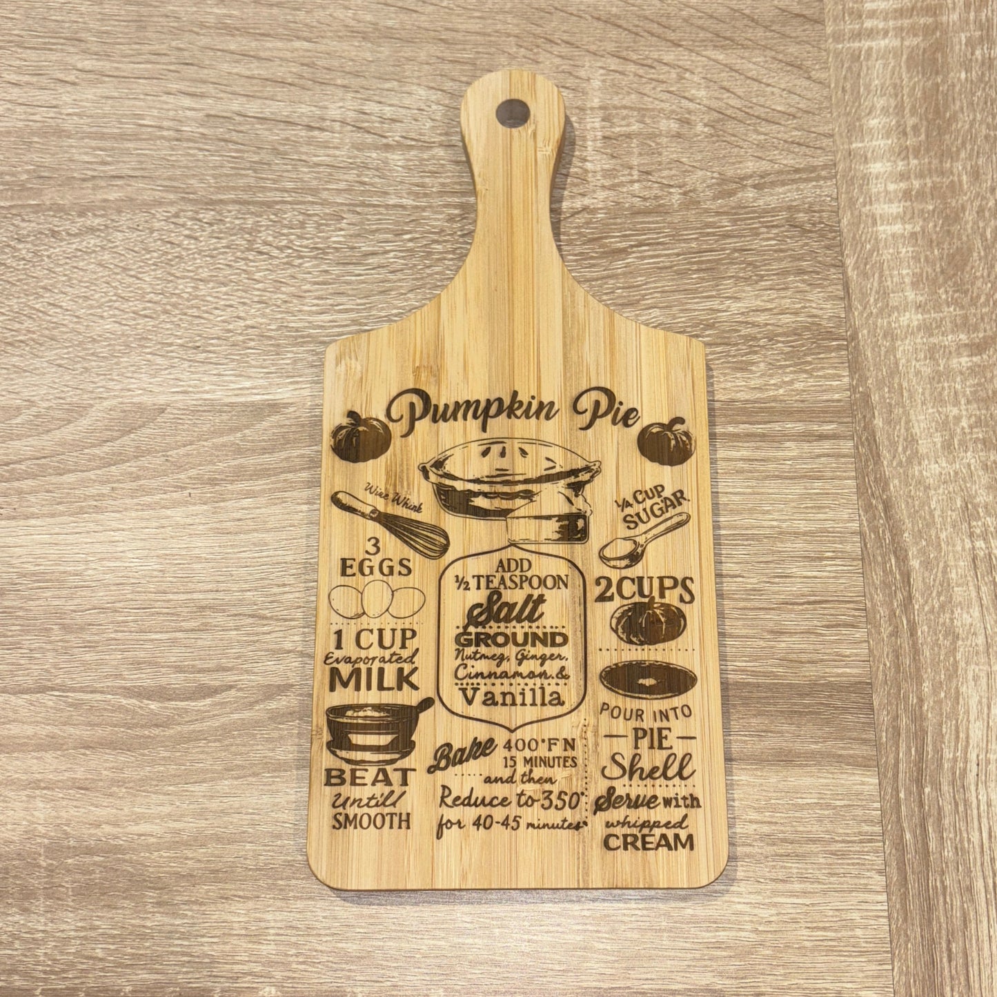 Engraved Pumpkin Pie Recipe Cutting Board – Mini Bamboo Paddle Gift Board