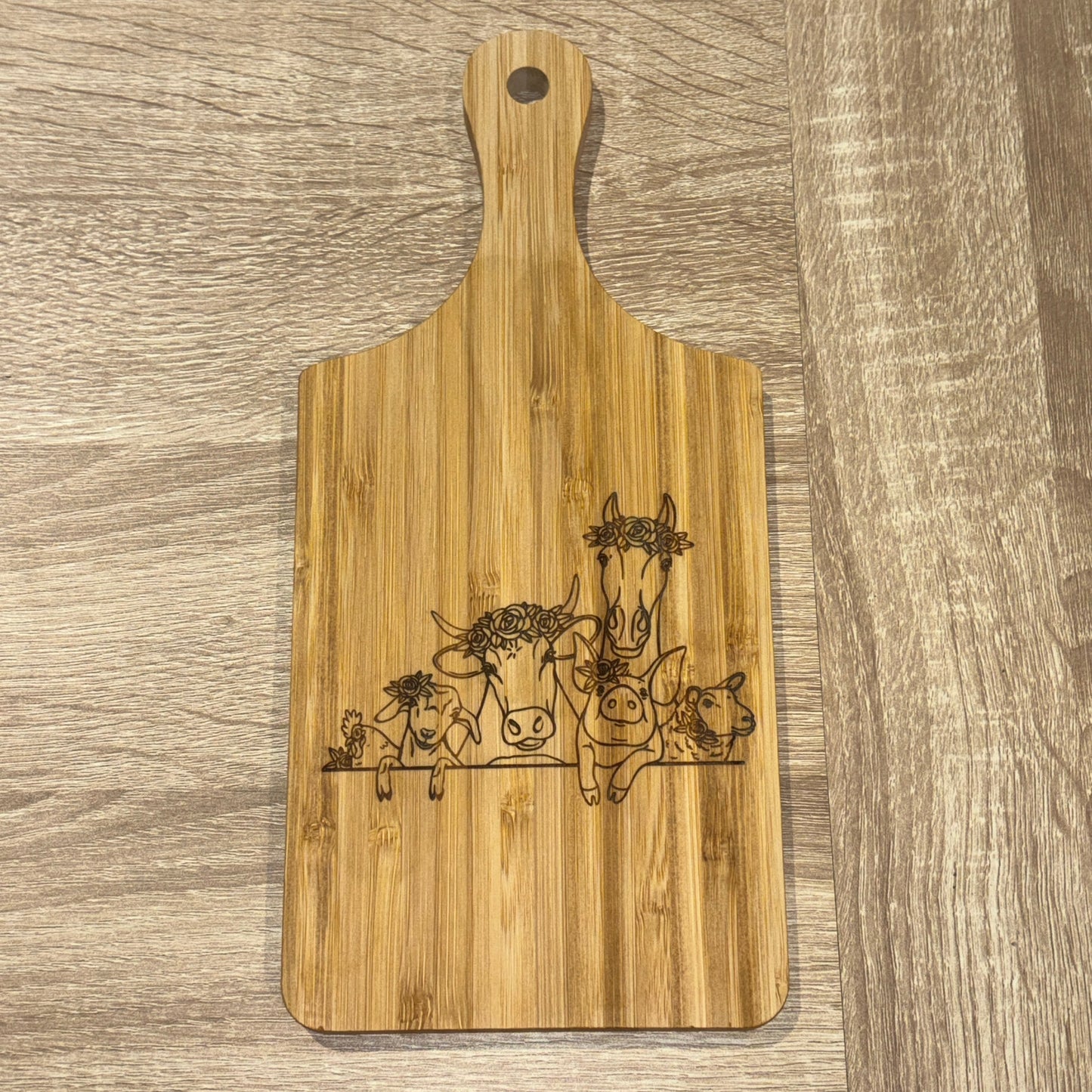 Farm Animal Flower Crown Engraved Cutting Board – Mini Bamboo Paddle