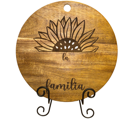 Personalized Engraved Acacia Cutting Board – “La Familia” Sunflower Design | Round 11.75” Wall or Shelf Décor