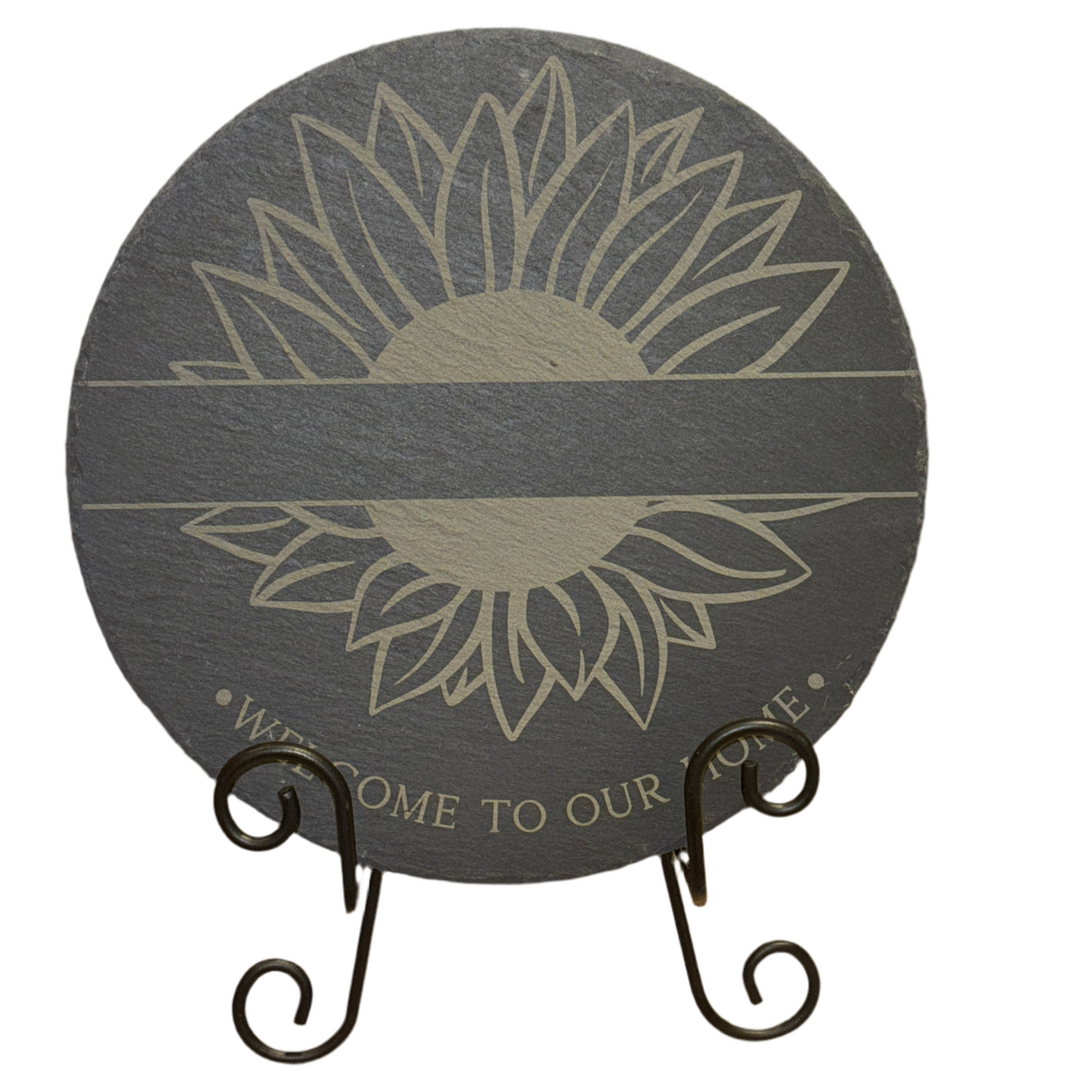 Engraved Round Slate Sign – “Welcome to Our Home” | Sunflower Design | 9.5” Rustic Decor
