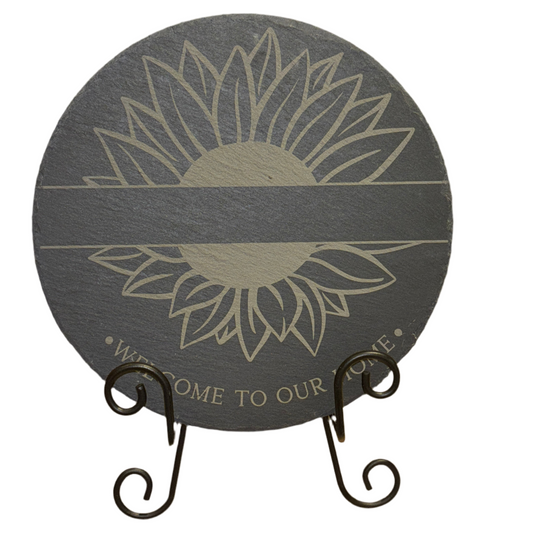 Engraved Round Slate Sign – “Welcome to Our Home” | Sunflower Design | 9.5” Rustic Decor