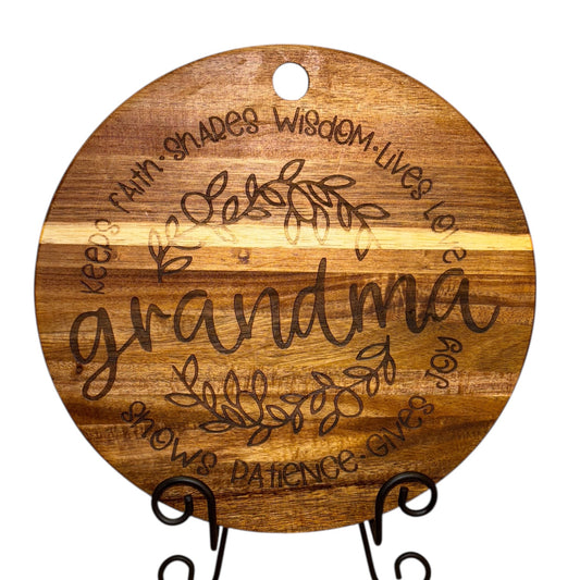 “Grandma” Engraved Wooden Cutting Board – 12” Round Acacia | Faith, Love & Joy Gift Sign
