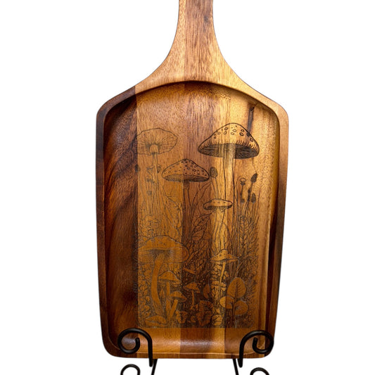 “Mushroom Forest” Engraved Paddle Serving Board – 16.5” x 8” Acacia Wood | Cottagecore Nature Decor