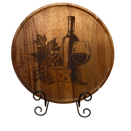 Engraved Wine & Cheese Board – 11.5” Round Acacia Tray | Elegant Charcuterie Decor