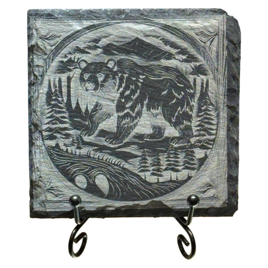 Mini Engraved 4” Slate – Woodcut Wilderness Bear Scene