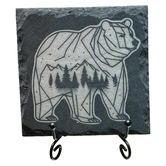 Mini Engraved 4” Slate – Geometric Bear with Forest Landscape