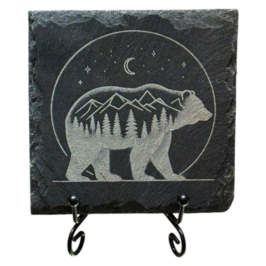 Mini Engraved 4” Slate – Bear in the Pines | Rustic Wildlife Decor Tile