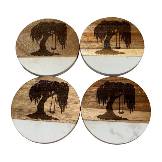 Engraved Willow Tree Coaster Set – Marble & Acacia Wood (Set of 4)