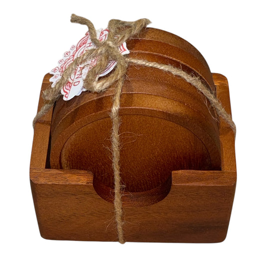 Round Wood Coasters – Set of 6 with Holder (Engraving Optional)