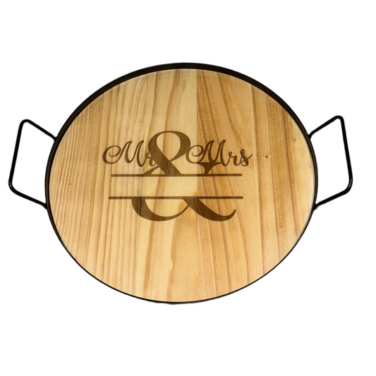 Engraved Mr & Mrs Round Tray – Personalized Wood & Metal Wedding Gift | 11.75”