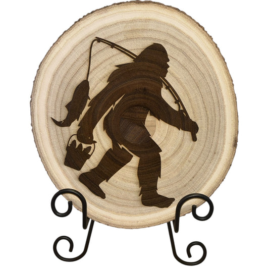 Bigfoot Fishing Engraved Wood Slice – Rustic Decor for the Mythically Outdoorsy