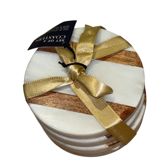 Marble & Acacia Stripe Coaster Set – Optional One-Word Custom Engraving