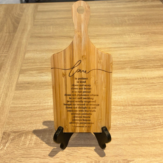 Engraved Bamboo Scripture Board – 1 Corinthians 13:4–7 | “Love Is Patient” Mini Cutting Board