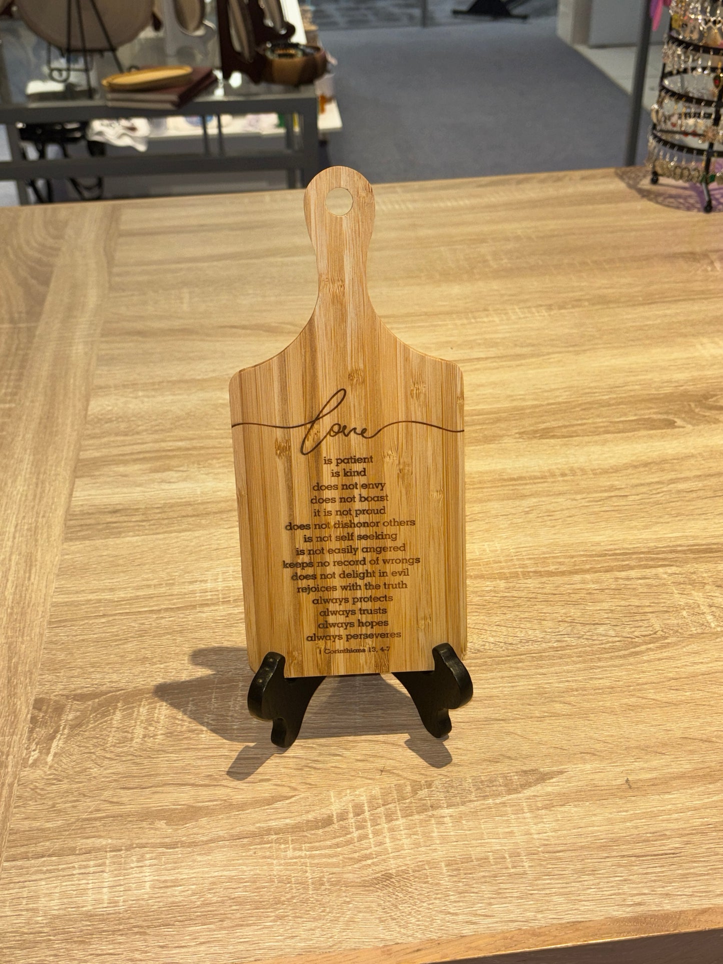 Engraved Bamboo Scripture Board – 1 Corinthians 13:4–7 | “Love Is Patient” Mini Cutting Board