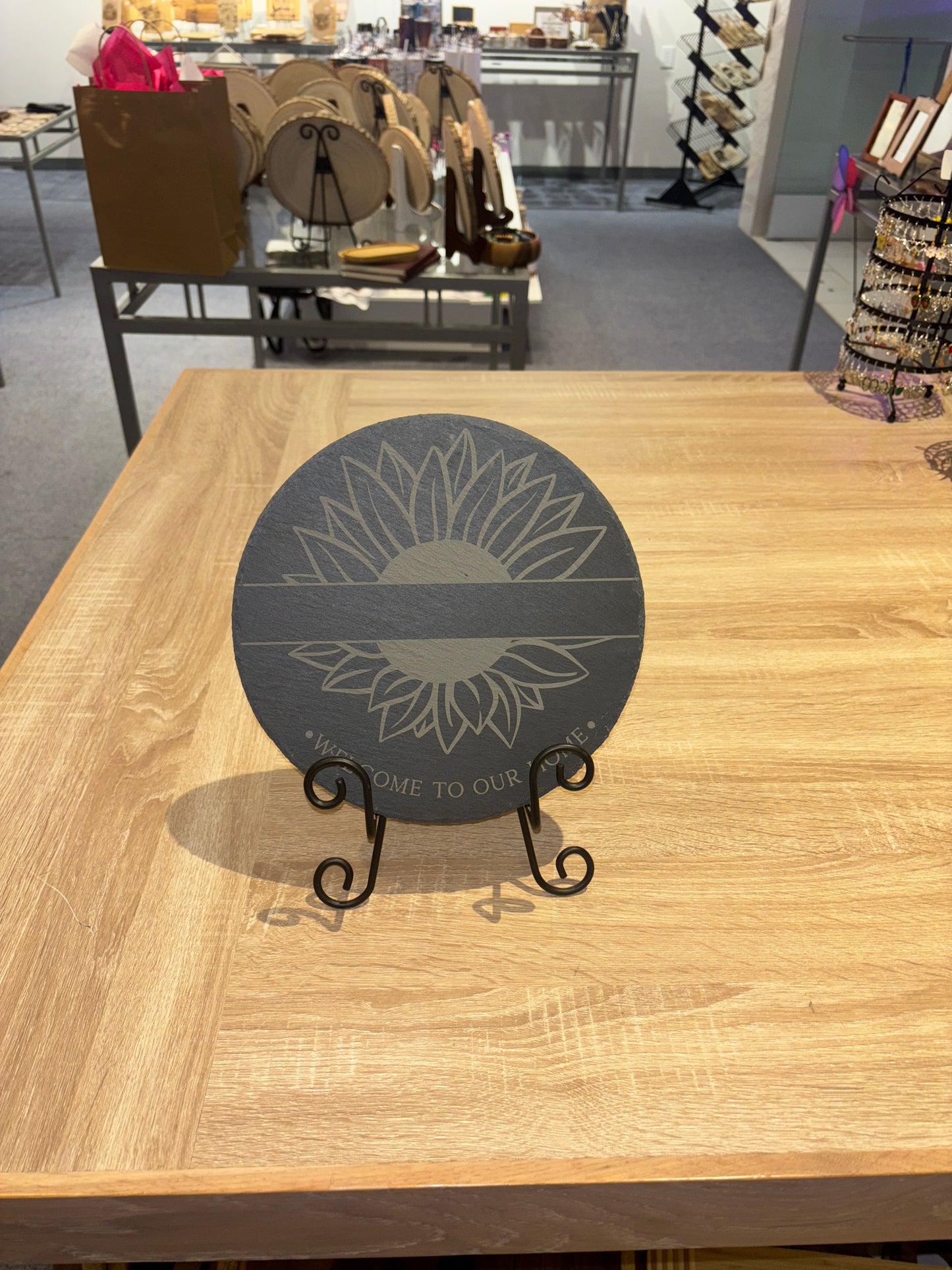 Engraved Round Slate Sign – “Welcome to Our Home” | Sunflower Design | 9.5” Rustic Decor