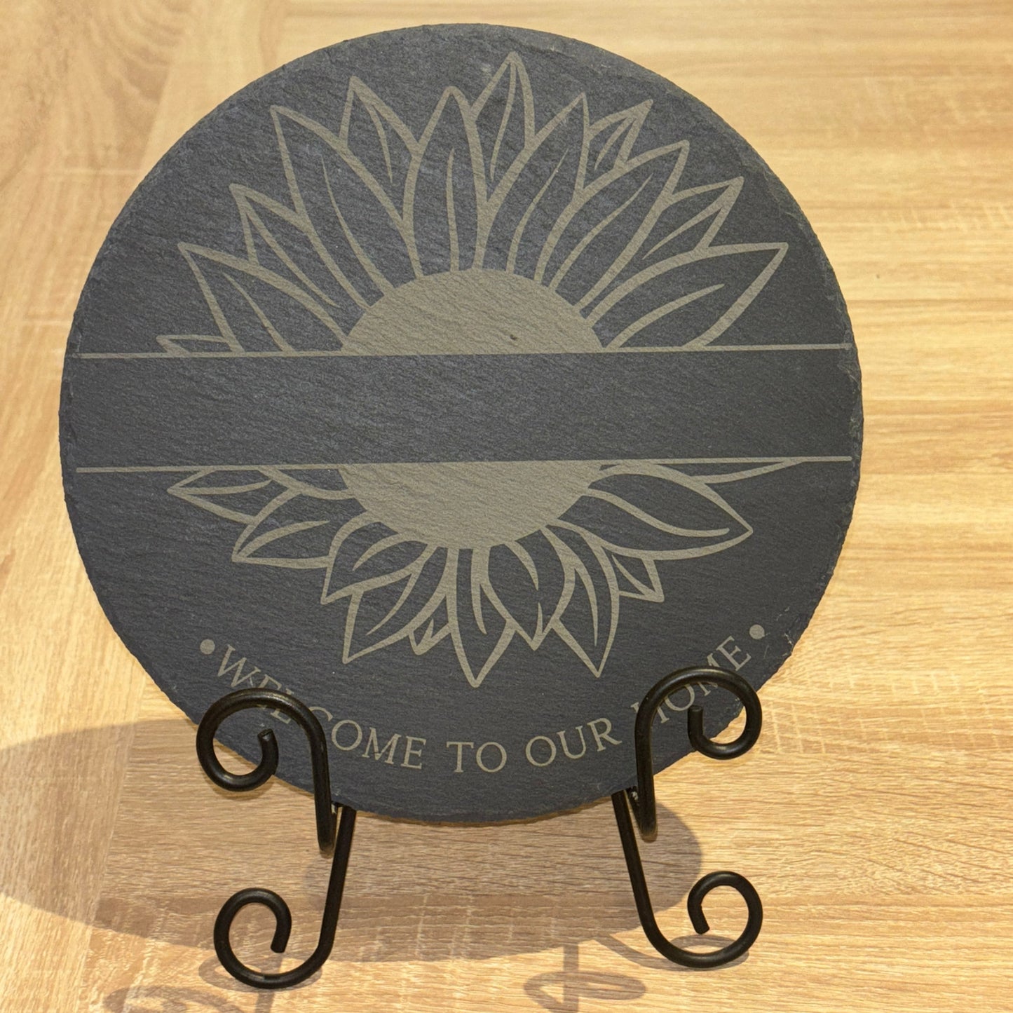 Engraved Round Slate Sign – “Welcome to Our Home” | Sunflower Design | 9.5” Rustic Decor